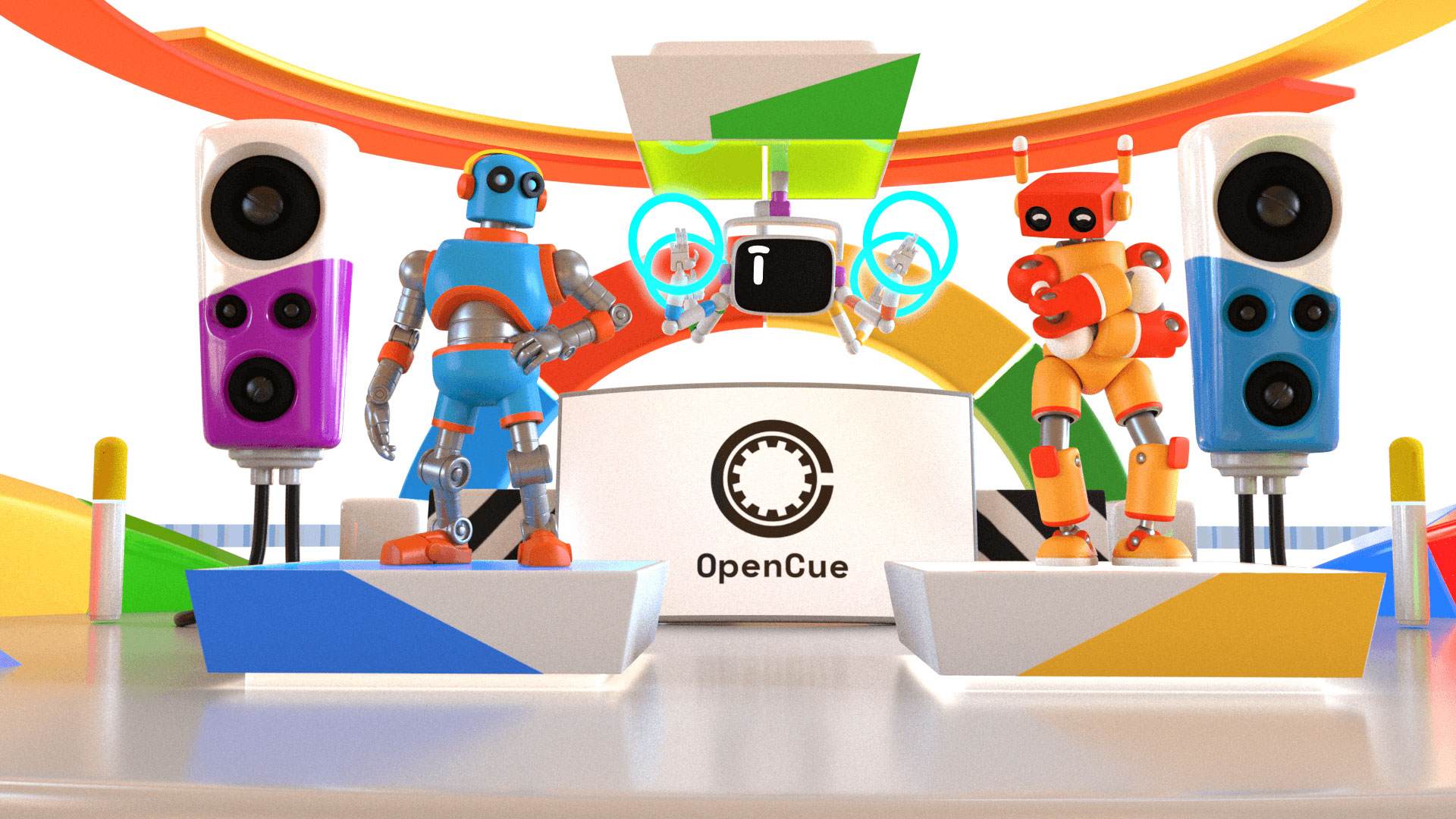 Robots posing with speakers and OpenCue logo