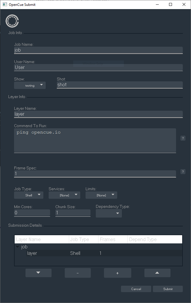 A screenshot of CueSubmit with correct values